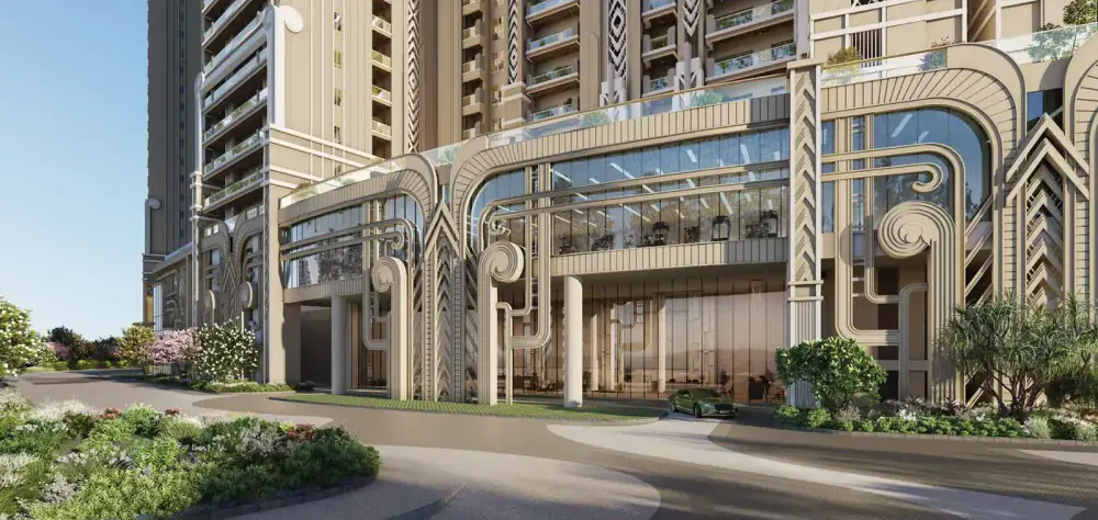 Art Deco entrance and landscaped driveway at L&T Green Reserve, Noida
