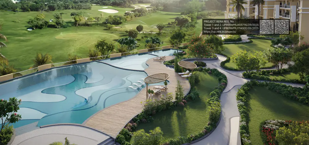 Swimming pool and landscaped gardens overlooking the golf course at L&T Green Reserve