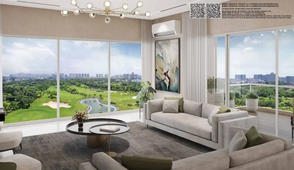 Sample living room with golf course view at L&T Green Reserve
