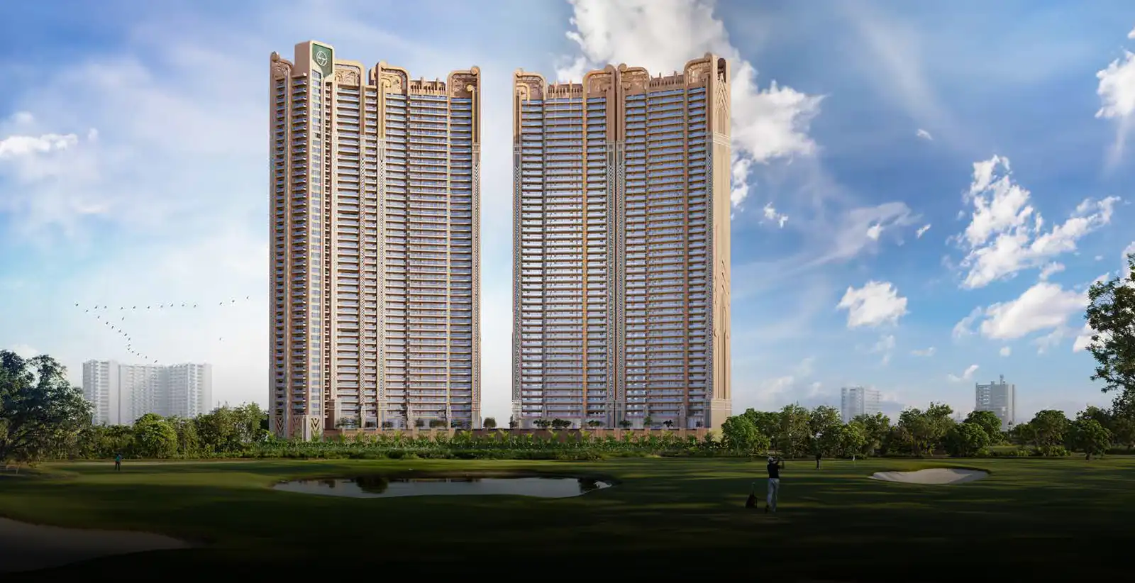 L&T Green Reserve high-rise towers beside a golf course in Sector 128, Noida